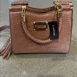 Bebe Croc-Embossed Crossbody Bag in Brown with Gold Accents